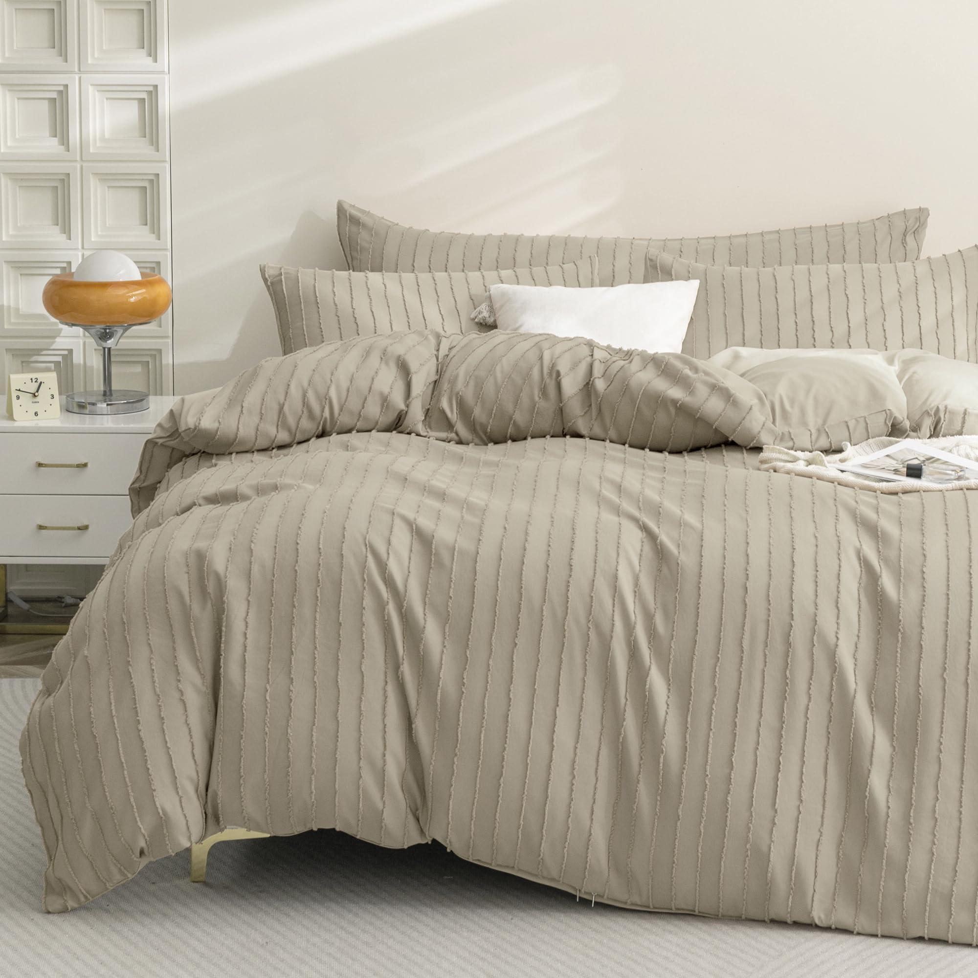 Jellymoni Khaki Duvet Cover Queen Size - 3Pcs Microfiber Boho Striped Tufted Textured Duvet Cover With Corner Ties & Zipper Clos